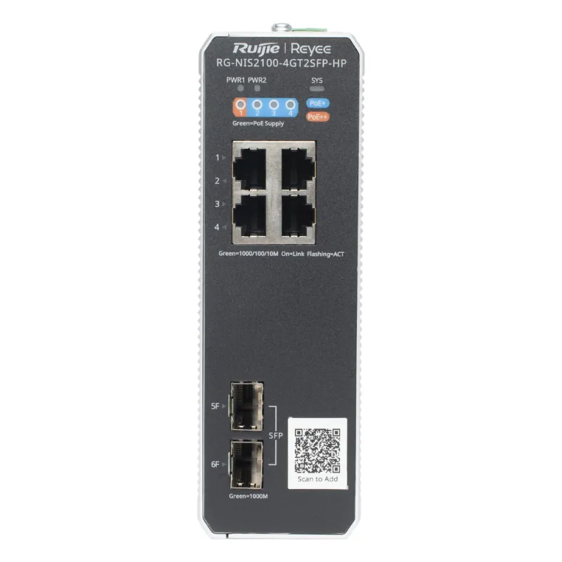 Switch Industrial PoE+ hasta 180 watts , Ideal para temperaturas Extremas y protección contra descargas, 1 puerto PoE++ 60W y 3 puertos PoE+ 30W, 2 SFP Uplink
