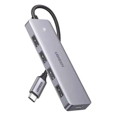 HUB USB-C 3.0 4 EN 1 | 4 Puertos USB-A (5Gbps) | Carcasa ABS + PC | Soporta OTG | Luz Indicadora LED | Compatible con iPhone 15 Pro MAX) | Interfaz Niquelada | Color Gris Metalizado | Cable de 15cm.