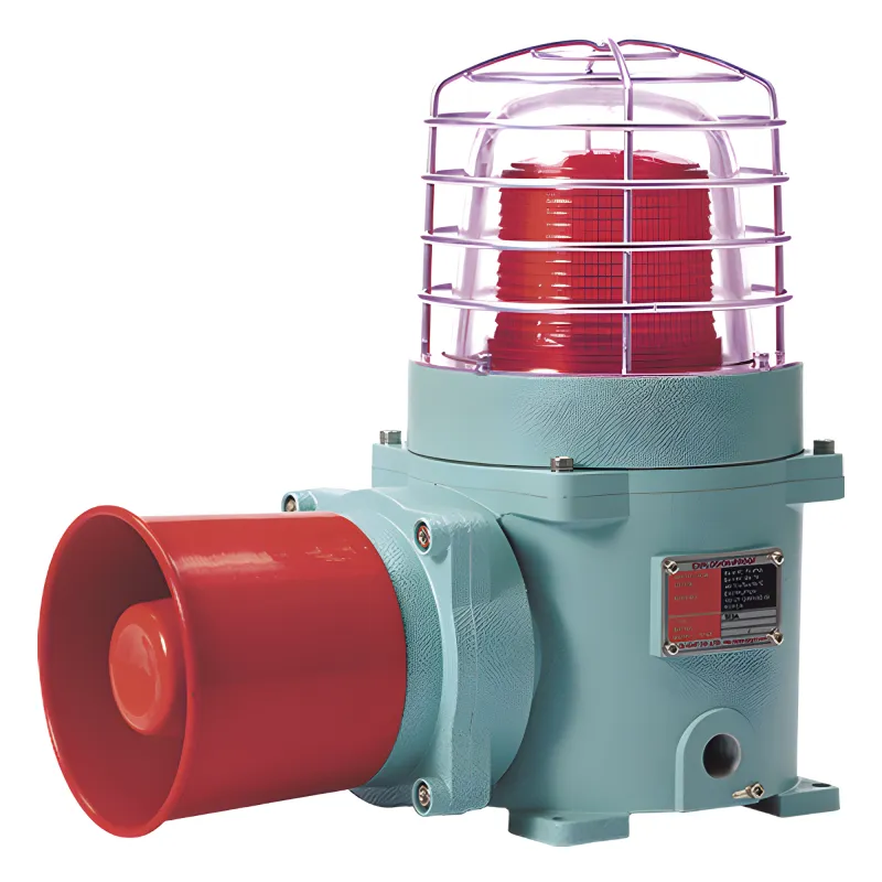 Combinación de baliza LED color Rojo con patrón fijo y flasheante con sirena electrónica, volumen máx. 120 dB para zonas peligrosas a 120 VCA