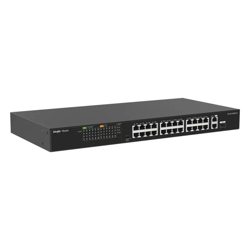 Switch PoE+ no Administrable, hasta 370 Watts Ideal para CCTV, 24 Puertos 10/100 PoE+, 2 Uplinks Gigabit (1 SFP COMBO)