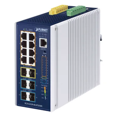 Switch Industrial Capa 3 de 8 Puertos 10/100/1000T PoE 802.3bt, 2 Puertos SFP 1 G/2.5 G, 4 Puertos SFP 10G, Instalación en Pared o Puerto DIN.