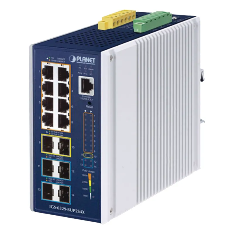 Switch Industrial Capa 3 de 8 Puertos 10/100/1000T PoE 802.3bt, 2 Puertos SFP 1 G/2.5 G, 4 Puertos SFP 10G, Instalación en Pared o Puerto DIN.
