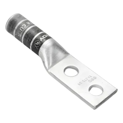 Zapata Terminal de Compresión de Barril Largo con Doble Ojillo para Tornillo 1/4" y Cable 6 AWG / Espaciado de 5/8".