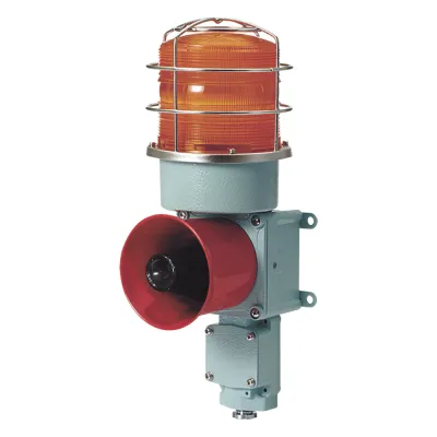 Combinación de Luz Giratoria LED y Bocina Eléctrica / WS-5 Sonidos de Advertencia / 120dB Máx. / AC120V / IP66 / Lente Ámbar / Carcasa de Aluminio / Compatible con Jaula Protectora STS316L / Aplicaciones Marítimas e Indu