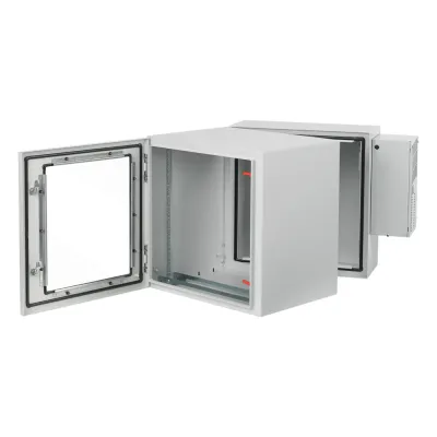 Gabinete Rack ProTek con Bisagra Doble Tipo 4 12U, Ventana de Vidrio, Aire Acondicionado, Montaje Pared, 600x612x710 mm Acero Gris Claro