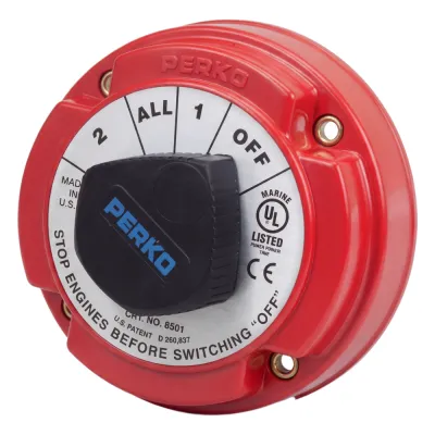 Switch Selector de Batería Marina PERKO 8501 / 250A Continuos 360A Intermitentes / 6-32 VCC / Encendido Protegido / Selector 1-2-Both-Off / Desconexión de Alternador