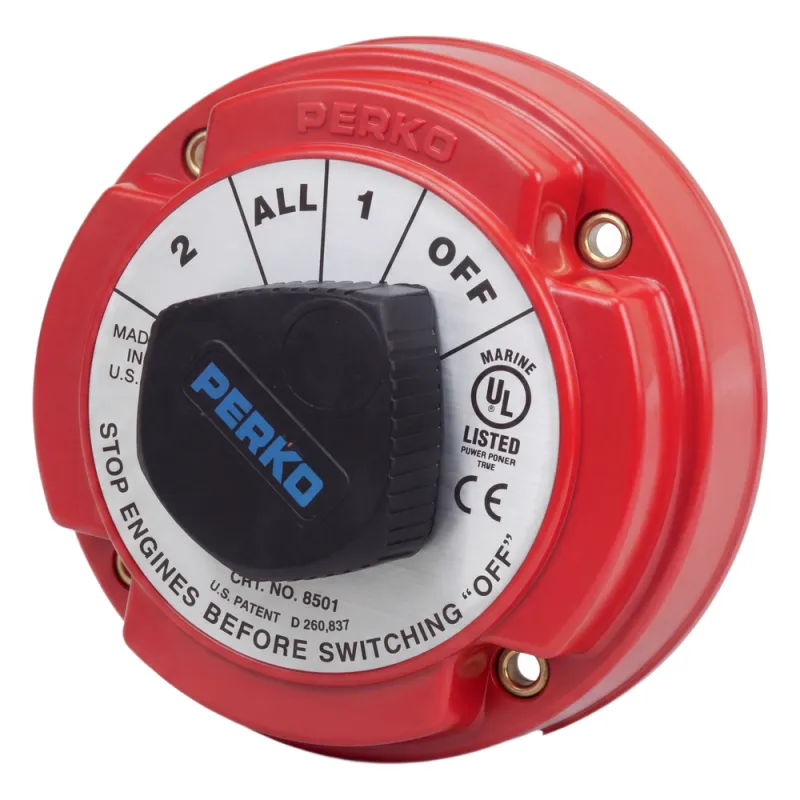 Switch Selector de Batería Marina PERKO 8501 / 250A Continuos 360A Intermitentes / 6-32 VCC / Encendido Protegido / Selector 1-2-Both-Off / Desconexión de Alternador