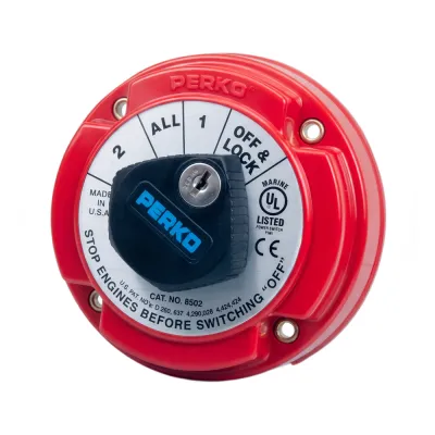 Switch Selector de Batería Marina PERKO 8502 con Llave / 250A Continuos 360A Intermitentes / 6-32 VCC / Selector 1-2-Both-Off / Bloqueo con Llave / Encendido Protegido