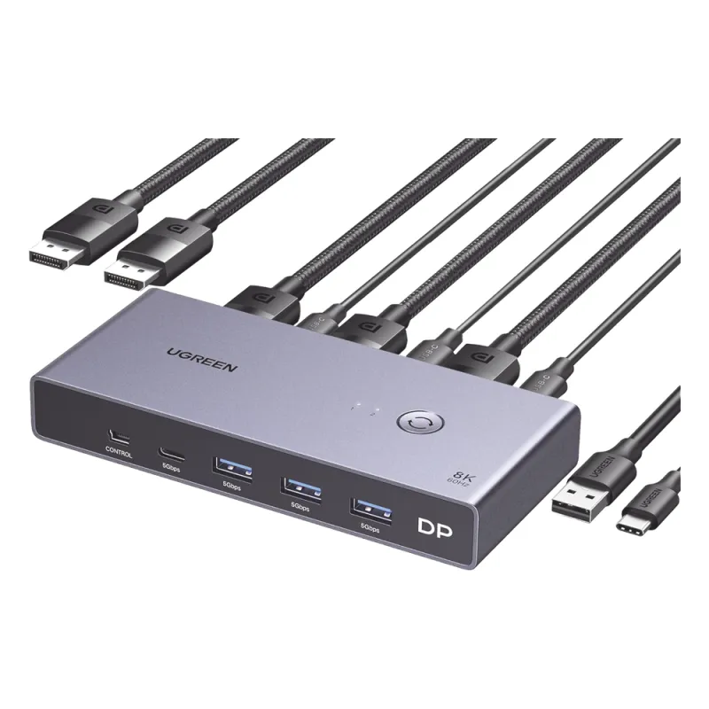 Conmutador KVM DisplayPort 8K | DP 1.4 | 2 Entradas 1 Salida | 4 Puertos USB 3.0 (3 USBA *1 USBC) | Soporta 8K@60Hz | HDR | Control de Escritorio | Carcasa de Aluminio | Indicador Led | Compatible Win, MacOs y Linux.