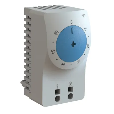 Termostato/Interruptor Para Control de Temperatura en Grados Celsius, Para Uso con Ventiladores, Con Terminales de Conexión, y Clip para Riel Din de 35 mm, Color Gris Claro