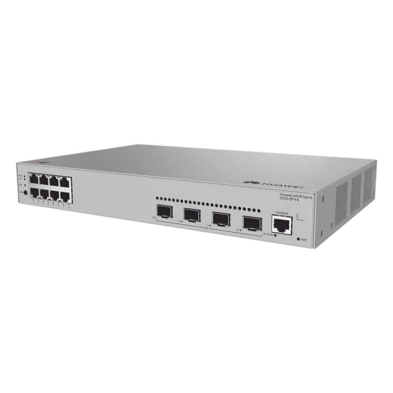 Switch de acceso eKit Administrable / Capa 2 / 8 Puertos PoE+ Gigabit + 4 SFP + Puerto Consola / PoE Perpetuo / Presupuesto PoE 125 W / Sin licenciamiento