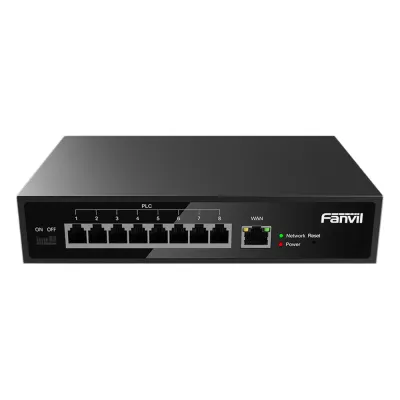 Switch PoE de 2 Hilos 8 Puertos RJ11 / Uso Exclusivo con Fanvil X303-2W / Transmisión hasta 300 m (984.3 ft) / Entrada 100V~240V / Salida Máx 80W / Reutiliza Cableado PSTN y AWG