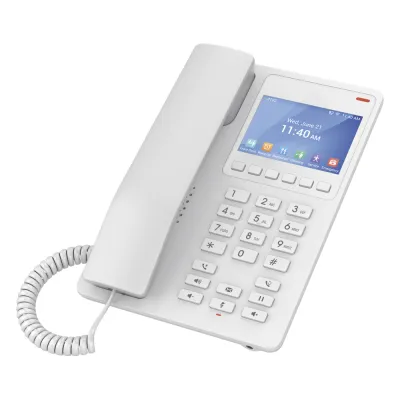 Teléfono IP Hotelero con pantalla LCD a color, 2 líneas SIP con 2 cuentas, codec Opus, IPV4/IPV6, color blanco, con gestión en la nube GDMS