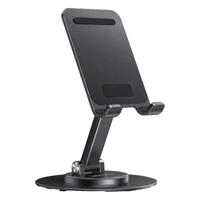 Soporte para Teléfono Celular Giratorio | 360° de Rotación | Angulo Ajustable | Altura Ajustable 17-20cm | Antideslizante | Ejes Giratorios de Alta Precisión| Plegable | Aluminio | Color Gris