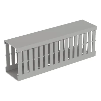 CANALETA RANURADA DE PVC CON TAPA, TIPO F, 49.5 MM DE ANCHO, 72.4 MM DE ALTO Y 2 M DE LARGO, COLOR GRIS
