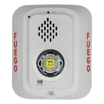 Sirena con Lámpara LED Estroboscópica / a 2 Hilos / Montaje en Pared / 24 Vcd / Configuración Estroboscópica Seleccionable / Texto en Español / Color Blanca