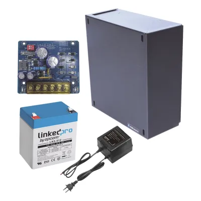 Kit con fuente PLB2 con salida de 12 Vcc a 1.5 Amper, incluye transformador y batería de 12 V a 5.5 Amper