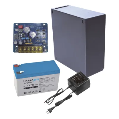 Kit con fuente PLB2 con salida de 12 Vcc a 1.5 Amper, incluye transformador y batería de 12 V a 7 Amper