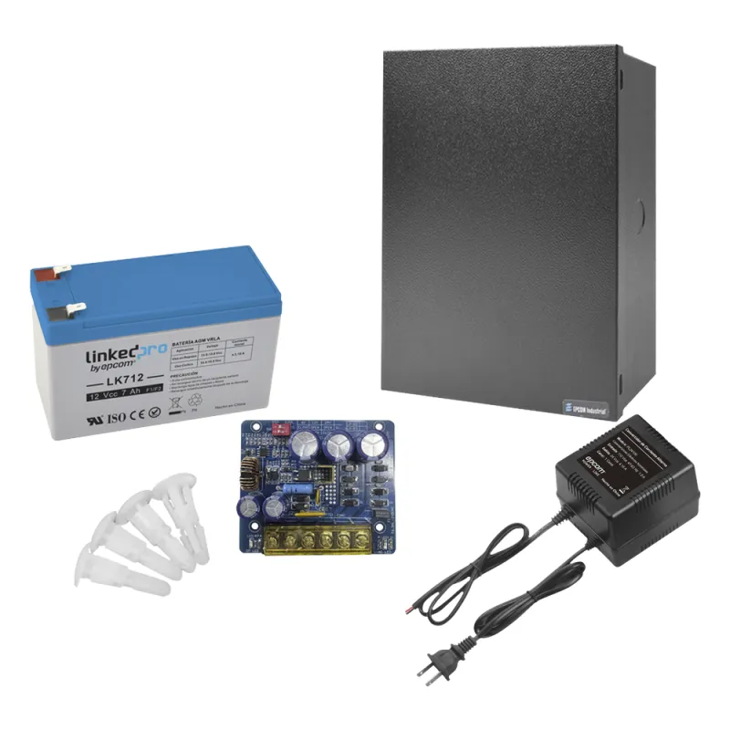 Kit con fuente PLB3 con salida de 12 Vcc a 4 Amper, incluye transformador y batería de 12 V a 7 Amper