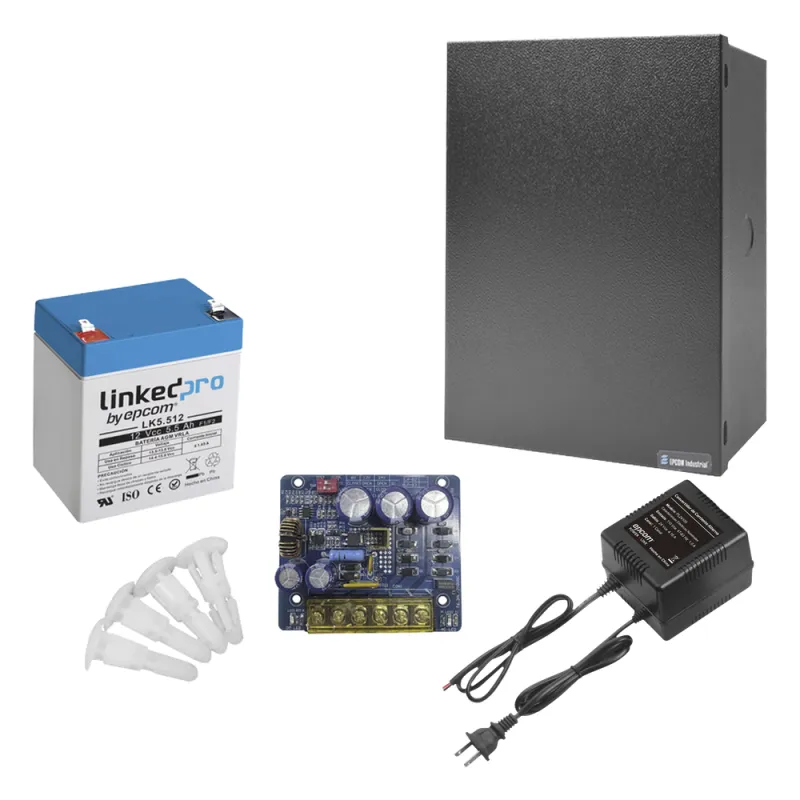 Kit con fuente PLB3 con salida de 12 Vcc a 4 Amper, incluye transformador y batería de 12 V a 5.5 Amper