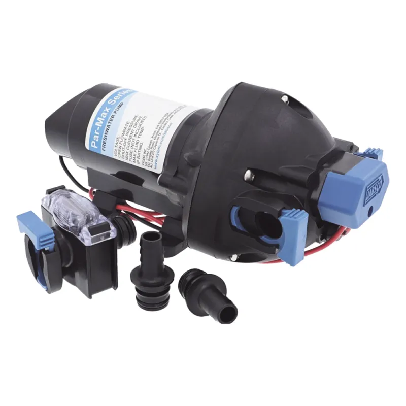 Bomba controlada por presión Par Max a 12 Vcd, caudal de 2 GPM, presión máxima 35 psi, para manguera de entrada con orificio de 38 mm (1½”), manguera de descarga con orificio de 25 mm (1”)