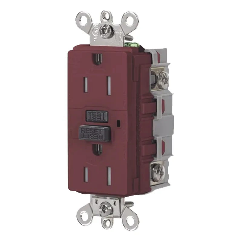 Contacto de Auto-verificación GFCI de 15 A 125 V 2 Polos/ Resistente a Manipulaciones y Intemperie / Color Rojo / Nema 5-15R / Grado Industrial.