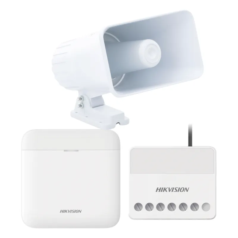 (AXPRO) KIT de alarma AX PRO con sirena cableada 30W / Incluye: 1 Hub con Batería de respaldo / 1 Sirena Cableada de 30 Watts IP65 / 1 Relevador Inalámbrico 0 a 36 VCC / Compatible con Hik-Connect P2P