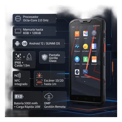 Handheld SUNMI L2S PRO / Octa-Core 2.0 GHz / 4GB RAM 64GB / IP68 / Escáner 1D/2D 1 m / NFC / 5000 mAh / Android 12