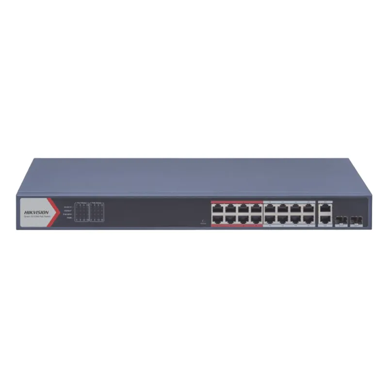 Switch PoE+ / Monitoreable / 16 puertos 10/100 Mbps PoE+ / 2 Puertos 1000 Mbps Uplink / 2 Puertos SFP de Uplink / Configuración Nube Hik-Partner Pro / Modo Extendido hasta 300 metros / 230 W