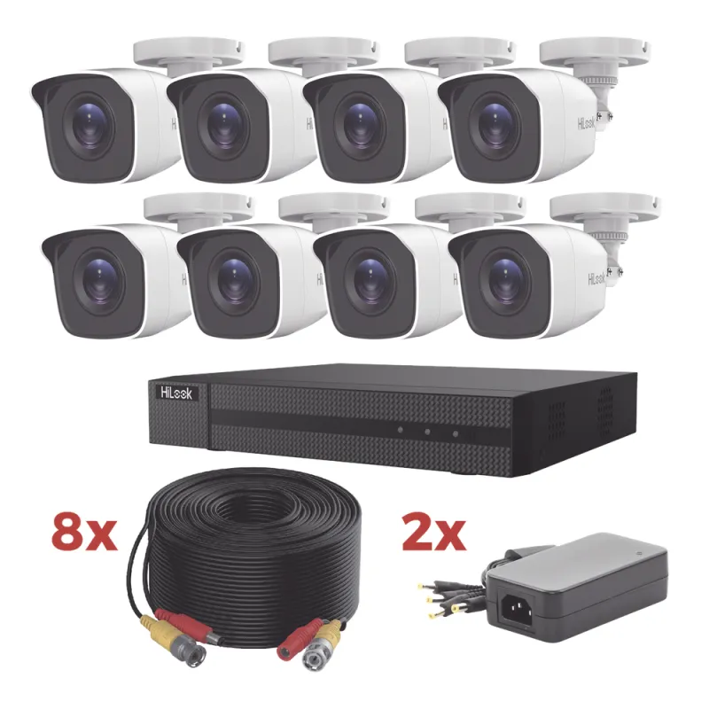Kit TurboHD / DVR 8 Canales 1080p Lite / 8 Cámaras bala 1080p metalicas / 8 cables de 20 metros / 2 fuentes de 4 canales