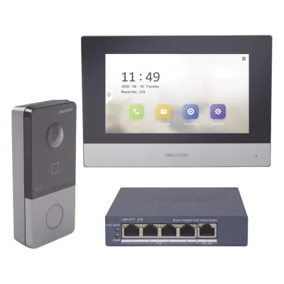 Kit de Videoportero IP + Switch PoE Estándar con llamada a App de Smartphone (HikConnect) / Apertura con tarjeta MIFARE / Frente de calle IP65 / Soporta 1 Departamento