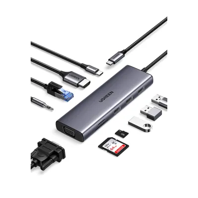 Hub USB-C 10 en 1 / HDMI 4K@30Hz + VGA 1920x1200 / 3x USB 3.0 5Gbps / Ethernet Gigabit / SD/TF Card Reader / PD 100W / Audio 3.5mm / Doble Pantalla Simultánea / Plug & Play Universal