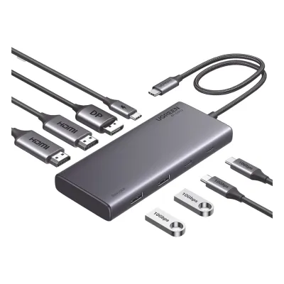 HUB USB-C (Docking Revodok 308) 8 en 1 | 2 Puertos HDMI 4K@60Hz | 1 Puerto DisplayPort 4K@60Hz 2 USB-A 10Gbps) | 2 USB-C (10Gbps) | USB-C PD Carga 100W | Chip de Ultima Generacion | Carcasa de Aluminio.