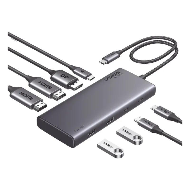 HUB USB-C (Docking Revodok 308) 8 en 1 | 2 Puertos HDMI 4K@60Hz | 1 Puerto DisplayPort 4K@60Hz 2 USB-A 10Gbps) | 2 USB-C (10Gbps) | USB-C PD Carga 100W | Chip de Ultima Generacion | Carcasa de Aluminio.