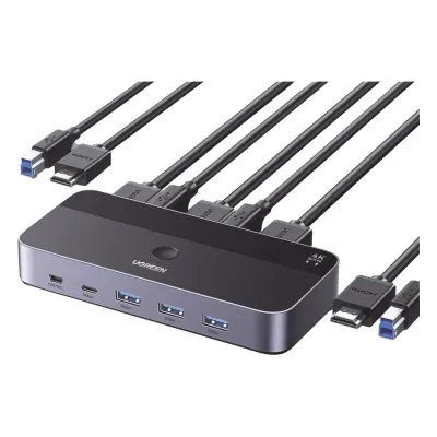 Conmutador KVM HDMI 4K | HDMI 2.0 | 2 Entradas 1 Salida | 4 Puertos USB 3.0 (3 USB-A *1 USB-C) | Soporta 4K@60Hz | HDR | Indicador Led | Compatible Win, MacOs y Linux | Carcasa de Aluminio.