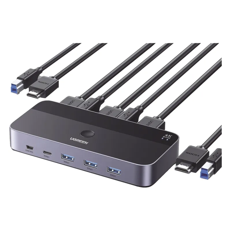 Conmutador KVM HDMI 4K | HDMI 2.0 | 2 Entradas 1 Salida | 4 Puertos USB 3.0 (3 USB-A *1 USB-C) | Soporta 4K@60Hz | HDR | Indicador Led | Compatible Win, MacOs y Linux | Carcasa de Aluminio.