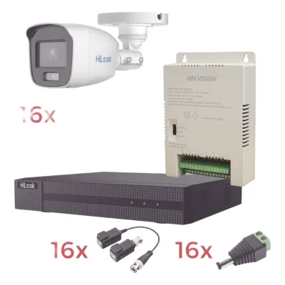 Kit TurboHD 1080p Lite / DVR 16 Canales / 16 Cámaras Bala Exterior ( 2.8mm) con ColorVu + Micrófono Integado / Transceptores / Conectores / Fuente de Poder Profesional