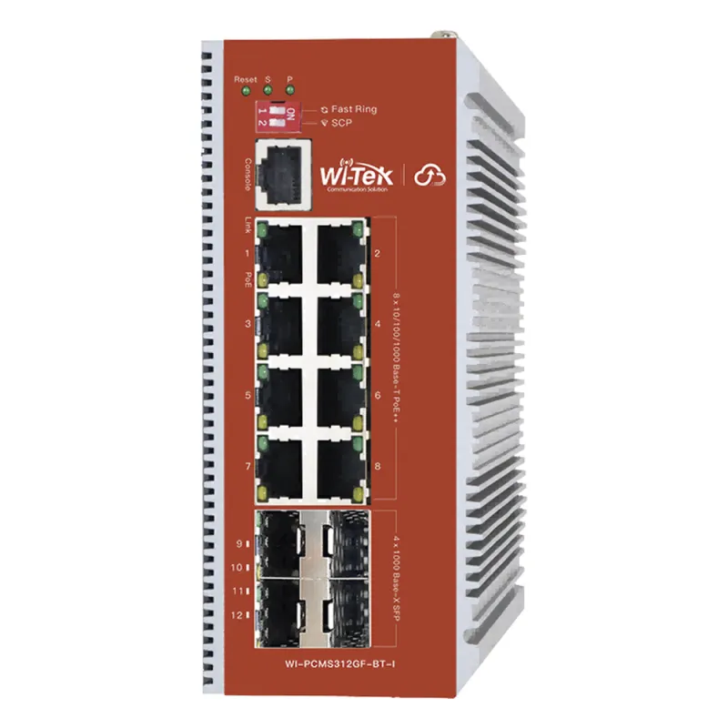 Switch L2+ PoE Industrial / Administración Cloud-Web-CLI / 8 Puertos PoE af/at/bt 100/1000 Mbps / 4 Puertos SFP Gigabit / Presupuesto PoE 460 W / Protocolo ERPS (redundancia enlaces)