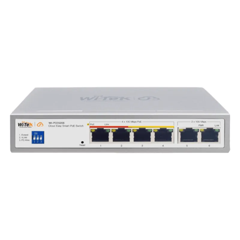 Switch PoE / Administración en la nube / Con 4 puertos 10/100 Mbps PoE af/at / 2 Puertos Uplink 10/100 Mbps / Presupuesto 60 W / PoE hasta 250 metros / Soporta protocolo ONVIF