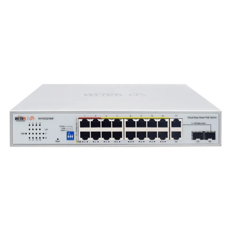 Switch PoE / Administración en la nube / Con 16 puertos 10/100 Mbps PoE af/at (Puertos 1-4: bt 90W) / 2 Puertos Uplink 10/100/1000 Mbps / 1 Puerto SFP Gigabit / Presupuesto 250 W / PoE hasta 250 metros / Soporta protocolo ONVIF