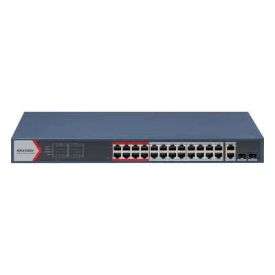 Switch PoE+ Administrable / 24 Puertos 10/100 Mbps PoE+ / 2 Puertos Gigabit Combo / 370 W / Modo Extendido 300 m / Hik-Partner Pro / 6 kV Protección