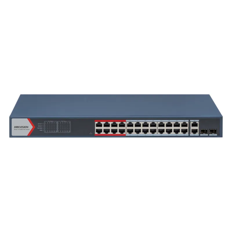 Switch PoE+ Administrable / 24 Puertos 10/100 Mbps PoE+ / 2 Puertos Gigabit Combo / 370 W / Modo Extendido 300 m / Hik-Partner Pro / 6 kV Protección
