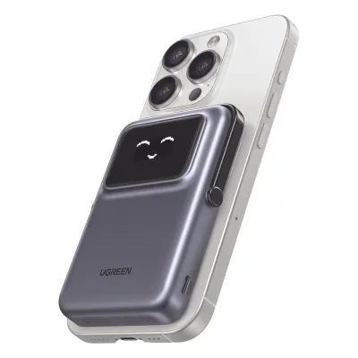 Power Bank Serie UNO Inalambrico | 10000mAh | 7.5W/20W | Con Emojis de Estado | Carga Rápida USB-C Bidireccional | Pantalla TFT Inteligente | Con Holder | Color Grey.