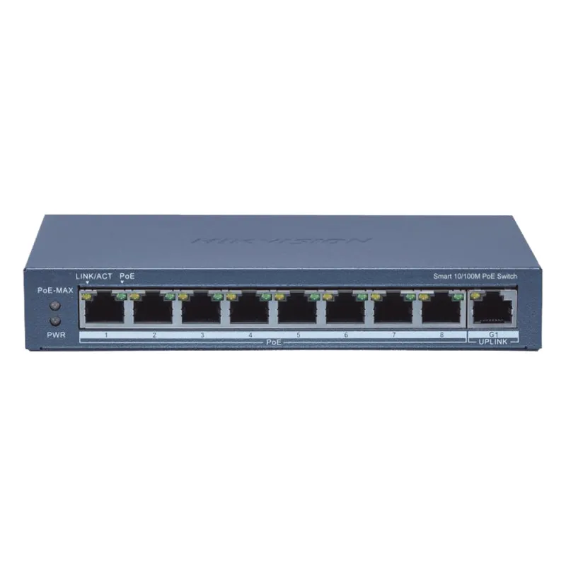 Switch Administrable PoE+ / 8 puertos 100 Mbps PoE+ / 1 puerto 1000 Mbps de Uplink / PoE hasta 300 Metros / Conexión Remota desde Hik-ParnerPro / 110 W
