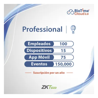 LICENCIA PROFESSIONAL BIOTIME CLOUD 2.0 / 100 USUARIOS / 15 DISPOSITIVOS (Licencia Anual)