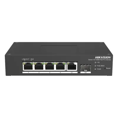 Switch PoE+ Industrial de Escritorio / Administrable / 4 Puertos 10/100 Mbps PoE+ / 1 Puerto 1000 Mbps Uplink / 1 Puertos SFP / Configuración Nube Hik-PartnerPro / Modo Extendido hasta 300 Metros / 60 Watts