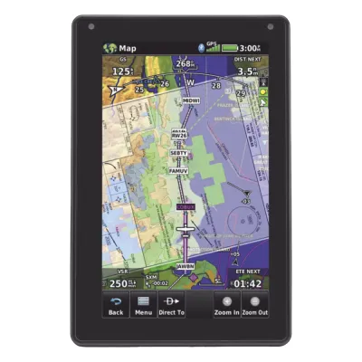 Navegador portátil aera 760, muestra información de trafico aéreo y una excelente visualización por medio de su pantalla con visión 3D touch screen.