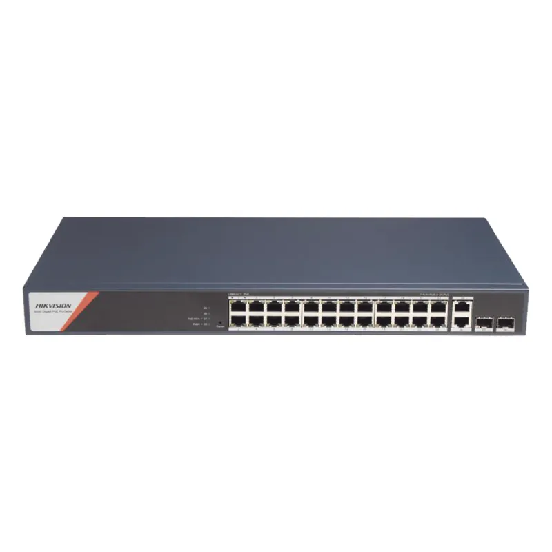 Switch Gigabit PoE+ / Industrial / Administrable / 24 Puertos 1000 Mbps PoE+ (4 Puertos PoE++ 90 W) / 2 Puertos 1000 Mbps de Uplink / 2 Puertos SFP / Configuración Nube Hik-PartnerPro / Modo Extendido hasta 300 Metros / 370 W
