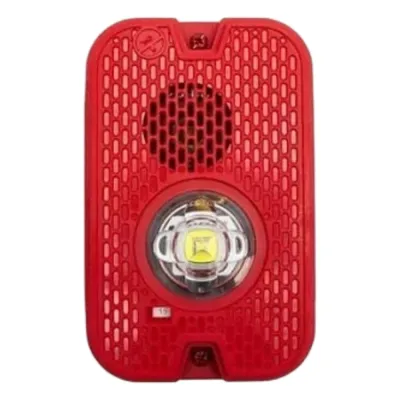 Sirena con Lámpara LED Estroboscópica / 2 Hilos / Montaje en Pared / 16 a 24 Vcd / Configuración Estroboscópica Seleccionable / Texto en Inglés / Color Rojo / Uso exterior