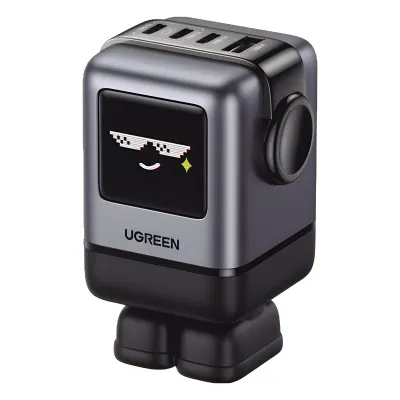 Cargador RobotGaN de 100W Serie UNO | 4 Puertos de Carga Rápida | 3 USB-C | 1 USB-A | PD 3.0 | QC 4.0 | Carga Inteligente | Tecnología GaN II | Zapato Magnético Extraíble | Carcasa Ignífuga | Pantalla LED